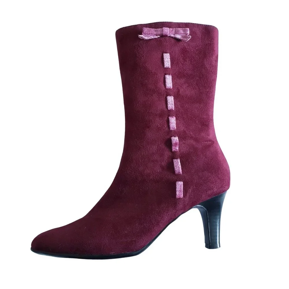 Vintage Predictions Y2K Wine Red Vegan Suede Pointed Toe Low Heel Boots 8 - Picture 2 of 8